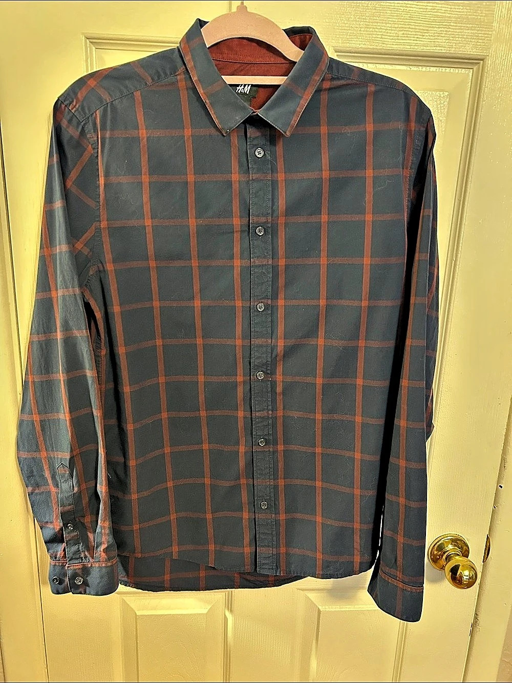 H&M Plaid Button Front Shirt in Navy & Red size Medium 100% Cotton